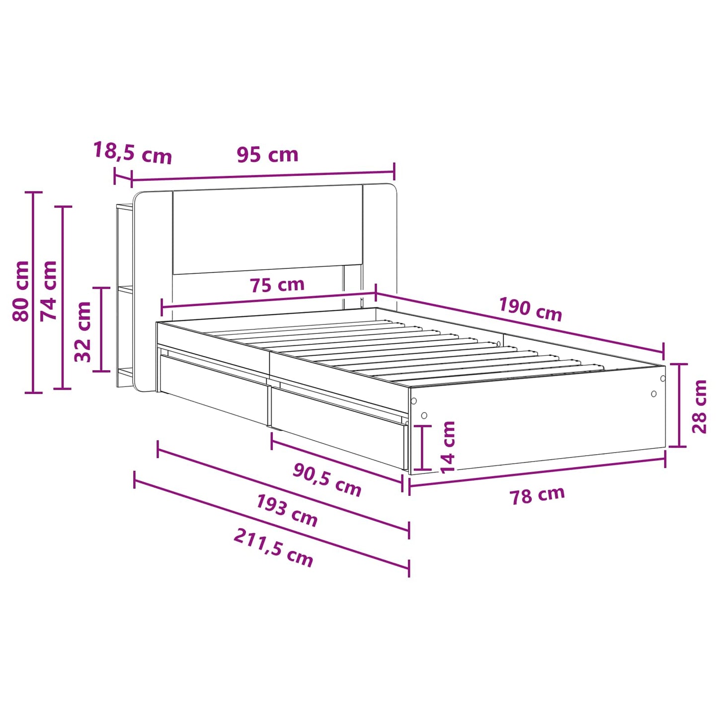 Ágykeret tárolóval fiókkal Füstös Tölgy 75 x 190 cm Szerelt Fa