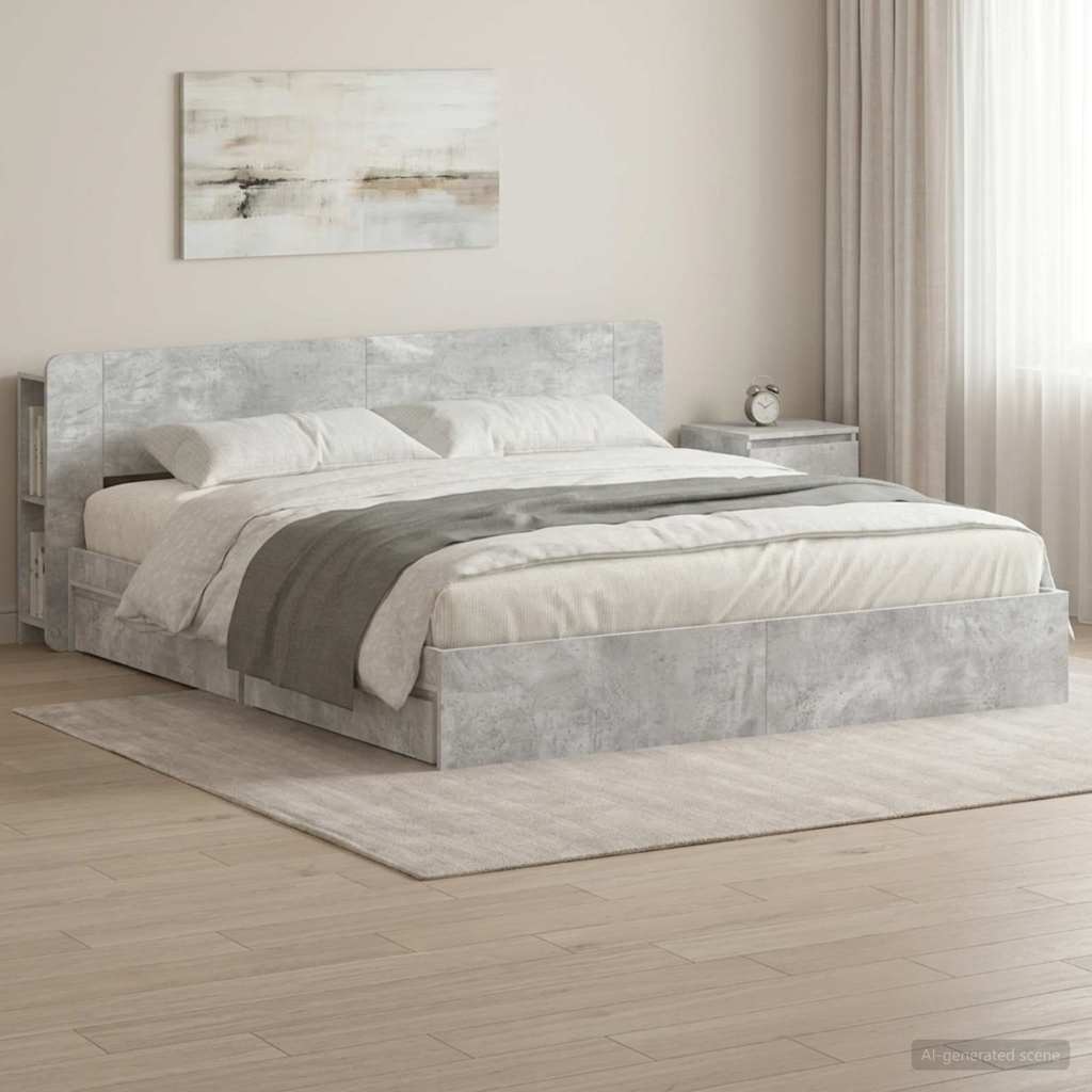 Ágykeret tárolóval fiókkal Betonszürke 200 x 200 cm Szerelt Fa