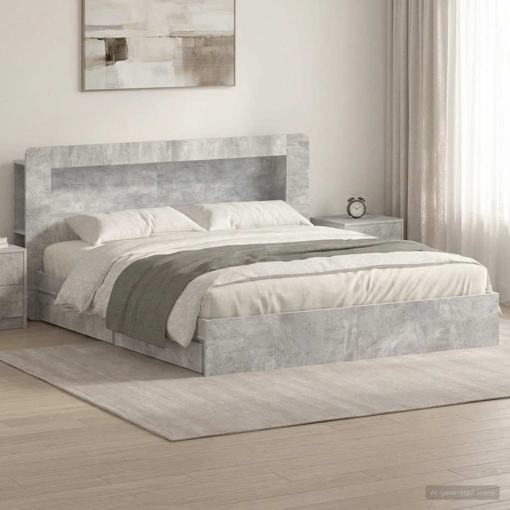 Ágykeret tárolóval fiókkal Betonszürke 200 x 200 cm Szerelt Fa