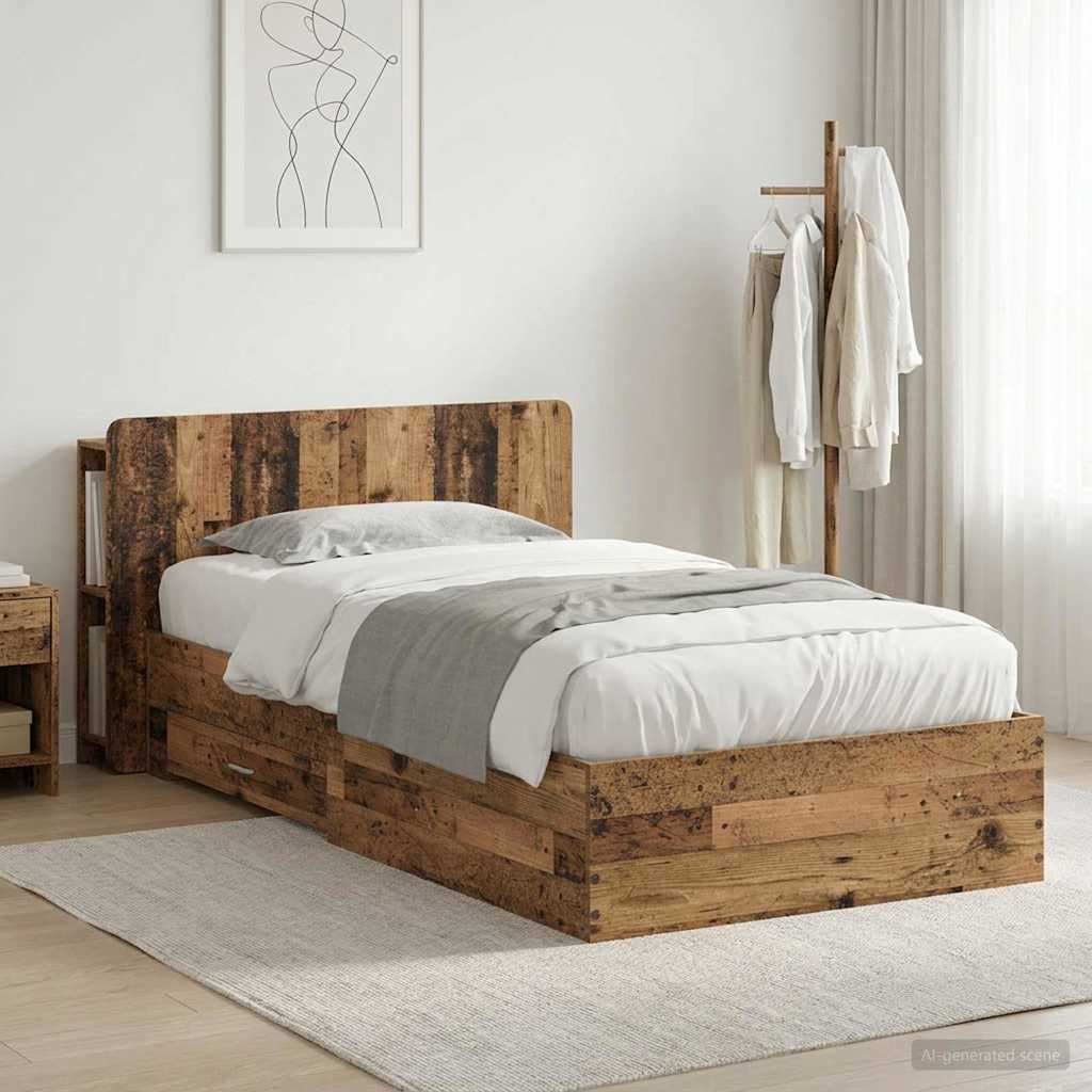 Ágykeret tárolóval fejtámlával Antik Fa 90 x 190 cm Szerelt Fa