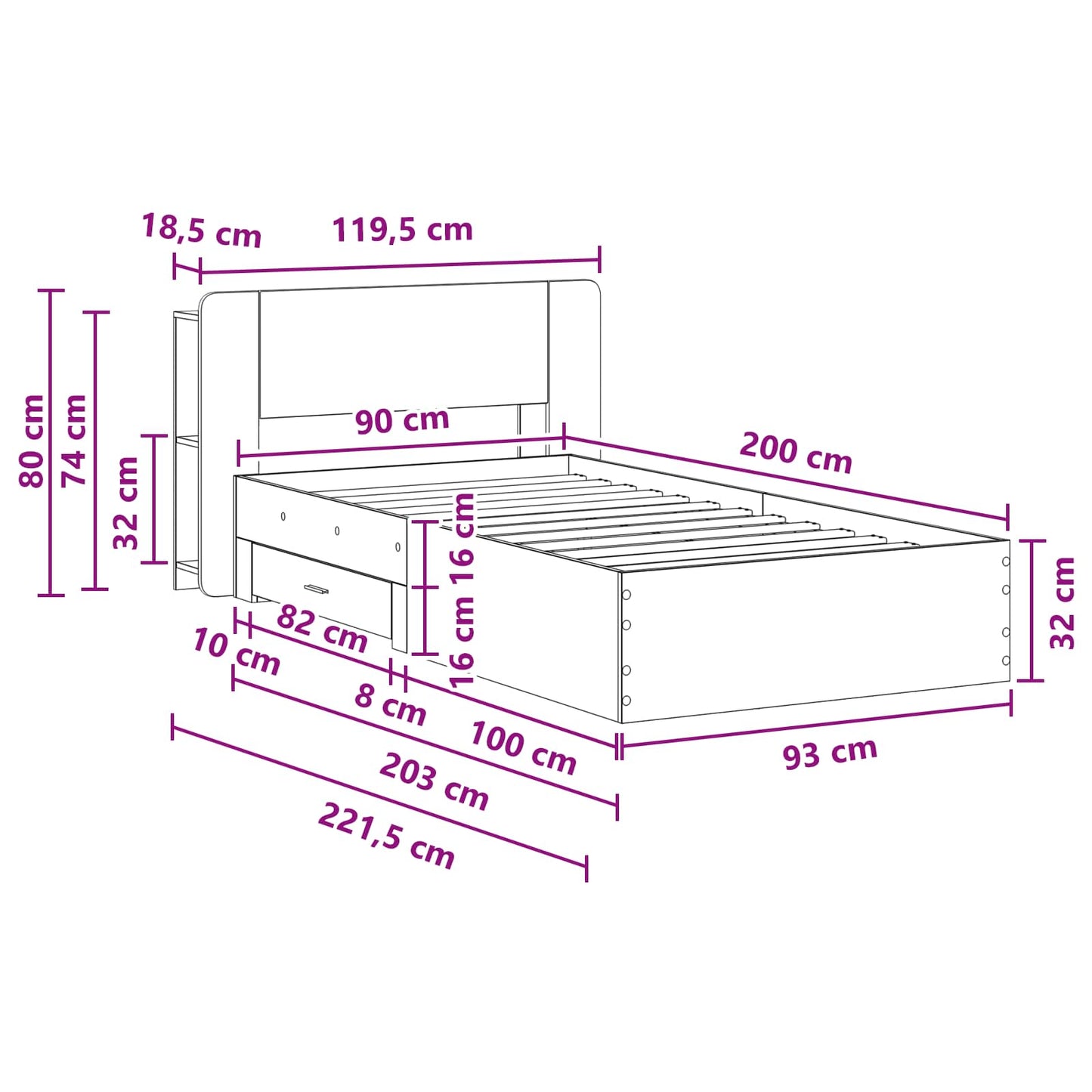 Ágykeret tárolóval Kézműves Tölgy 90 x 200 cm Szerelt Fa