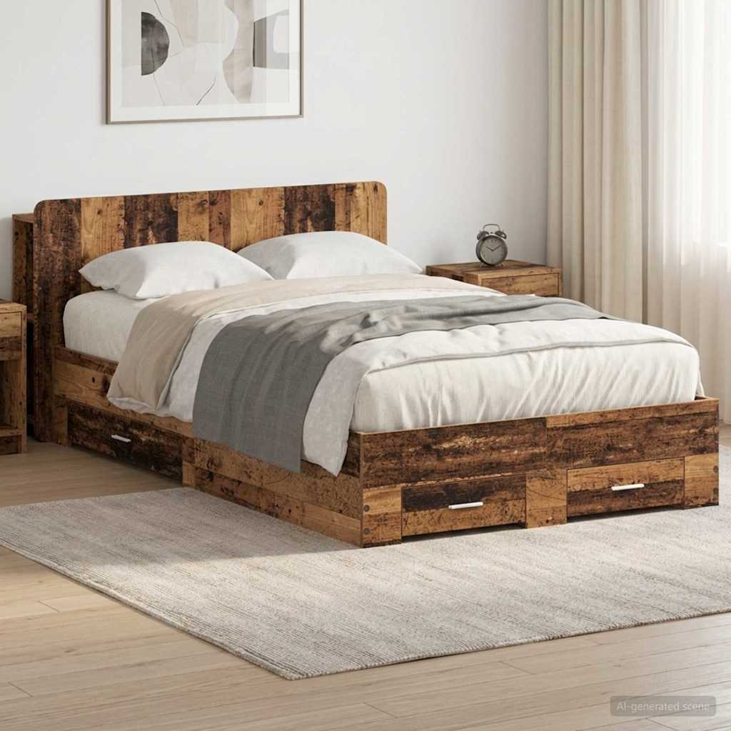 Ágykeret tárolóval fejtámlával Antik Fa 120 x 190 cm Szerelt Fa