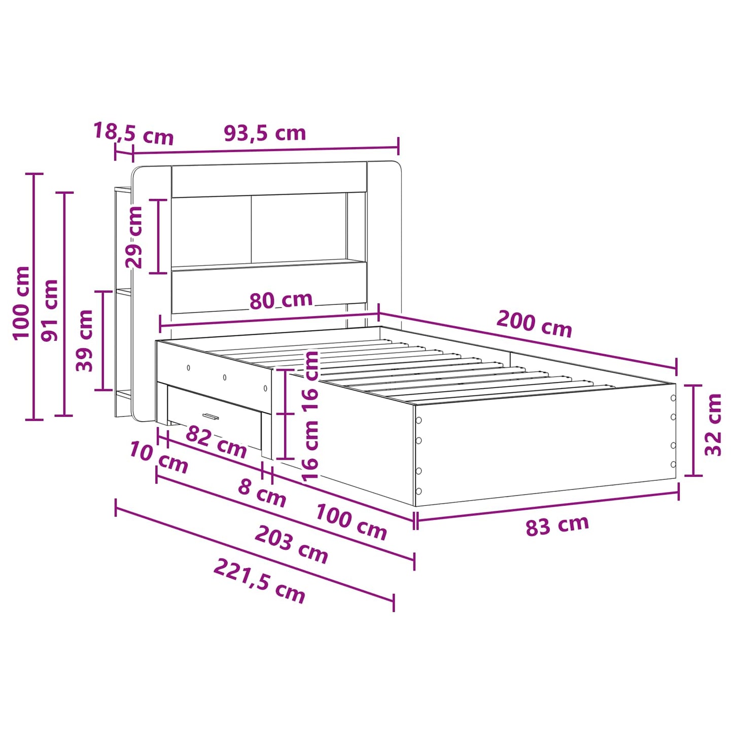 Ágykeret tárolóval Betonszürke 80 x 200 cm Szerelt Fa