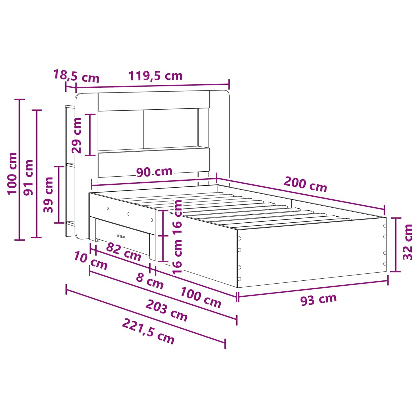 Ágykeret tárolóval Kézműves Tölgy 90 x 200 cm Szerelt Fa