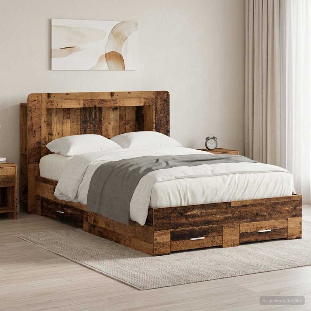 Ágykeret tárolóval fejtámlával Antik Fa 120 x 190 cm Szerelt Fa