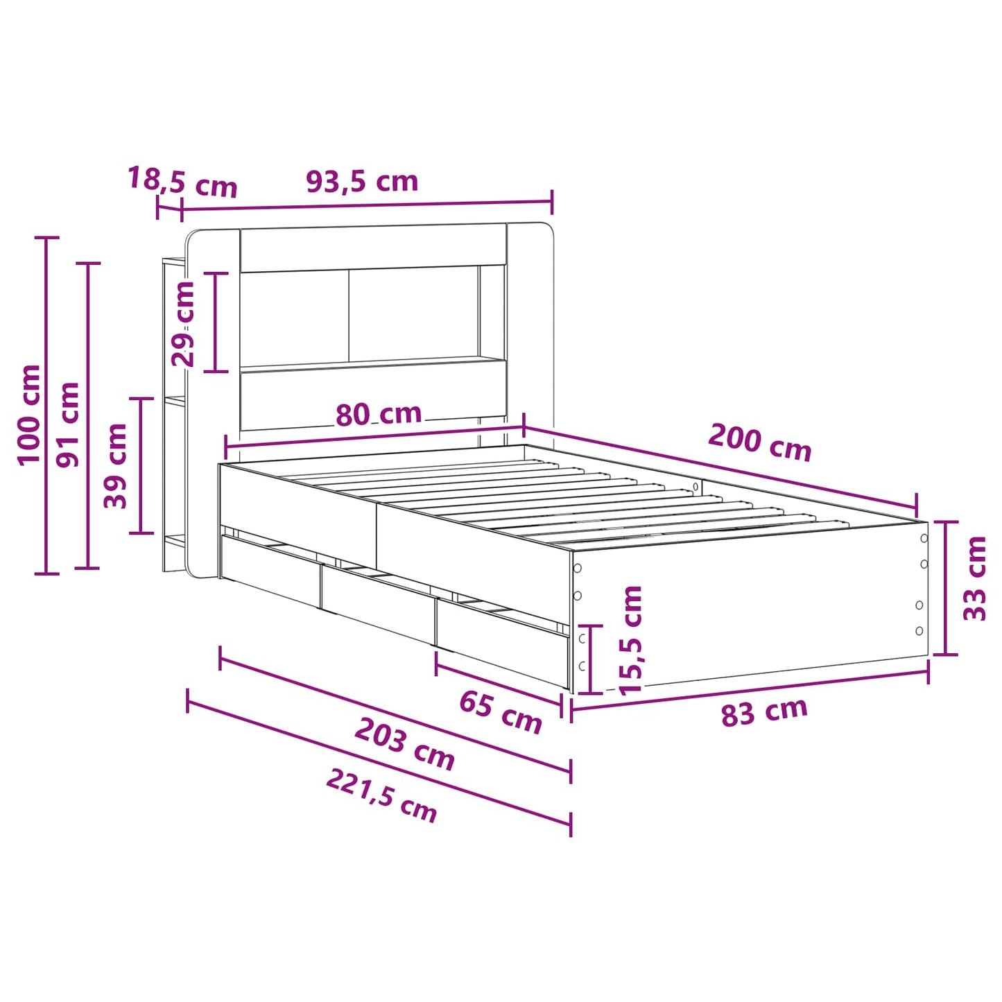 Ágykeret tárolóval fiókkal Antik Fa 80 x 200 cm Szerelt Fa
