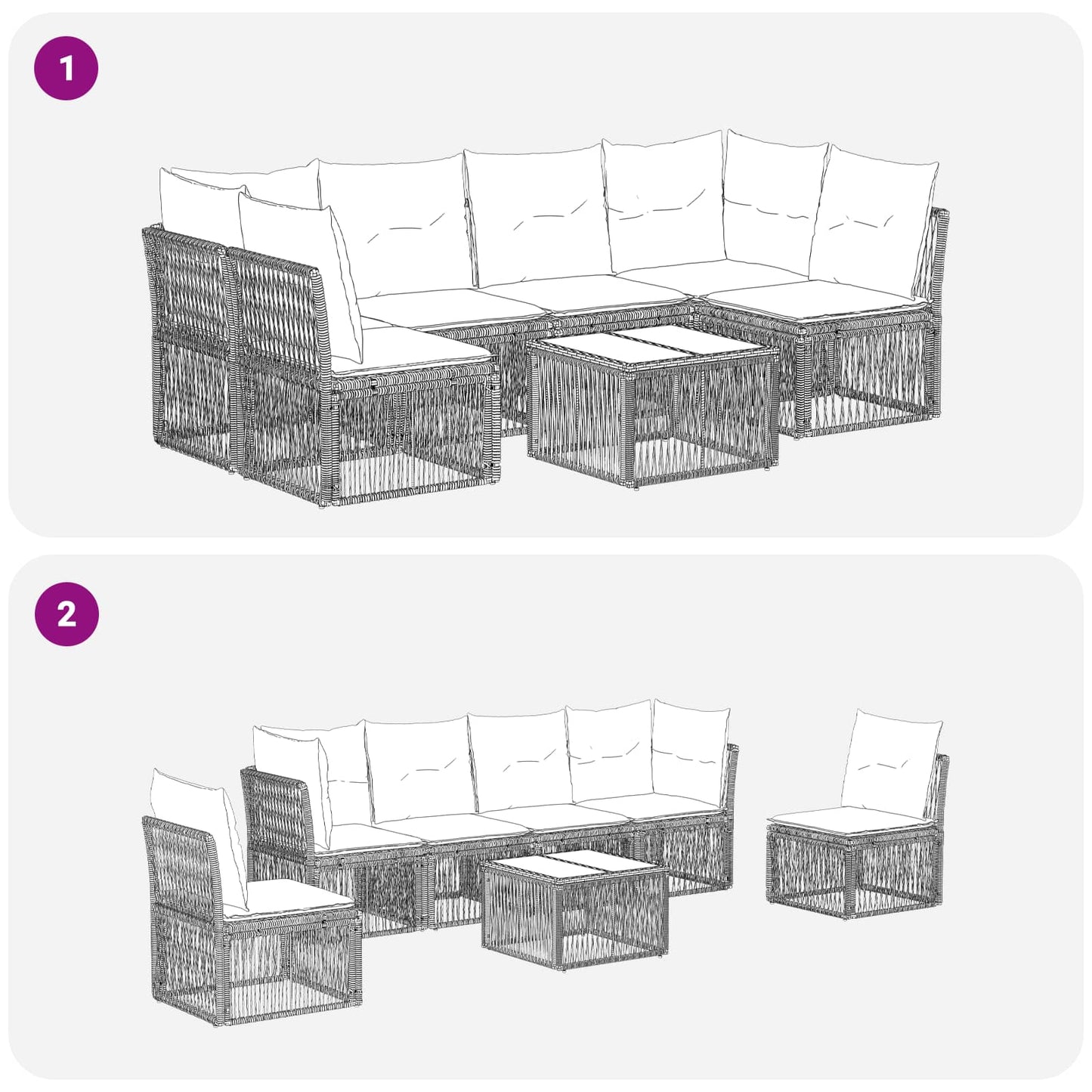 Kerti Kanapé Szett 7 pcs Fekete polirattan