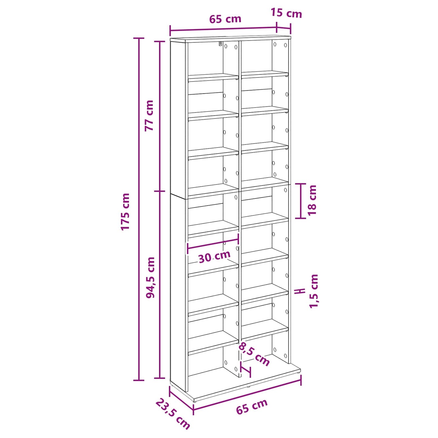 CD szekrény Fekete Tölgy 65 x 23,5 x 175 cm Szerelt Fa