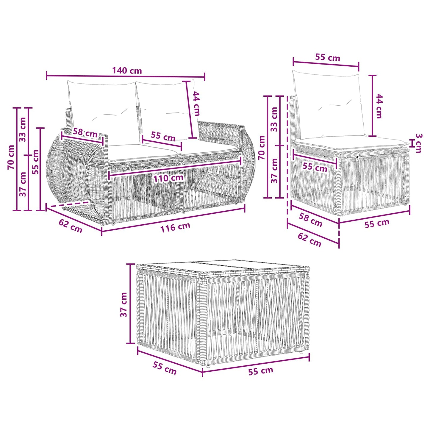 Kerti Kanapé Szett 4 pcs Szürke és sötétszürke polirattan