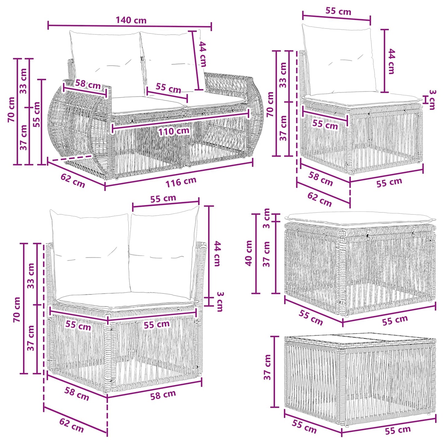 Kerti Kanapé Szett 12 pcs Szürke polirattan