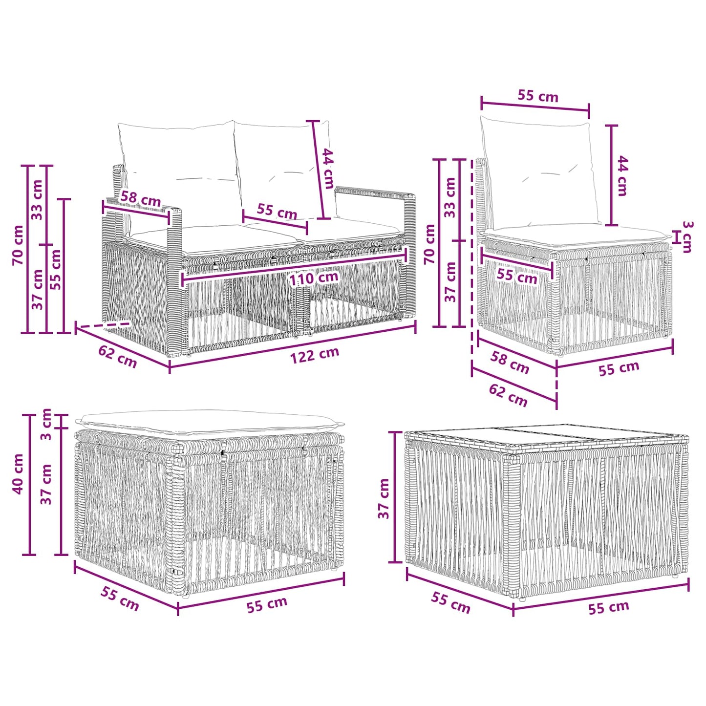 Kerti Kanapé Szett 6 pcs Szürke polirattan