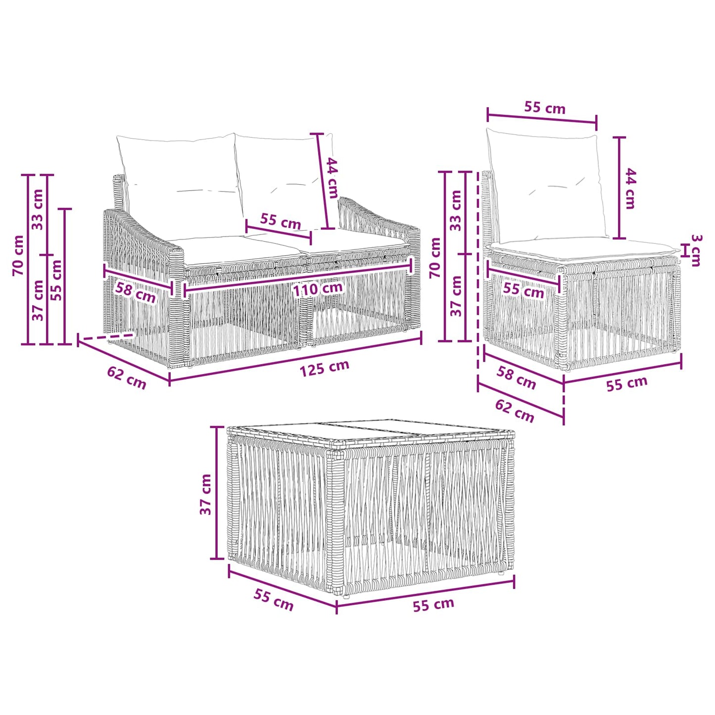 Kerti Kanapé Szett 4 pcs Szürke polirattan