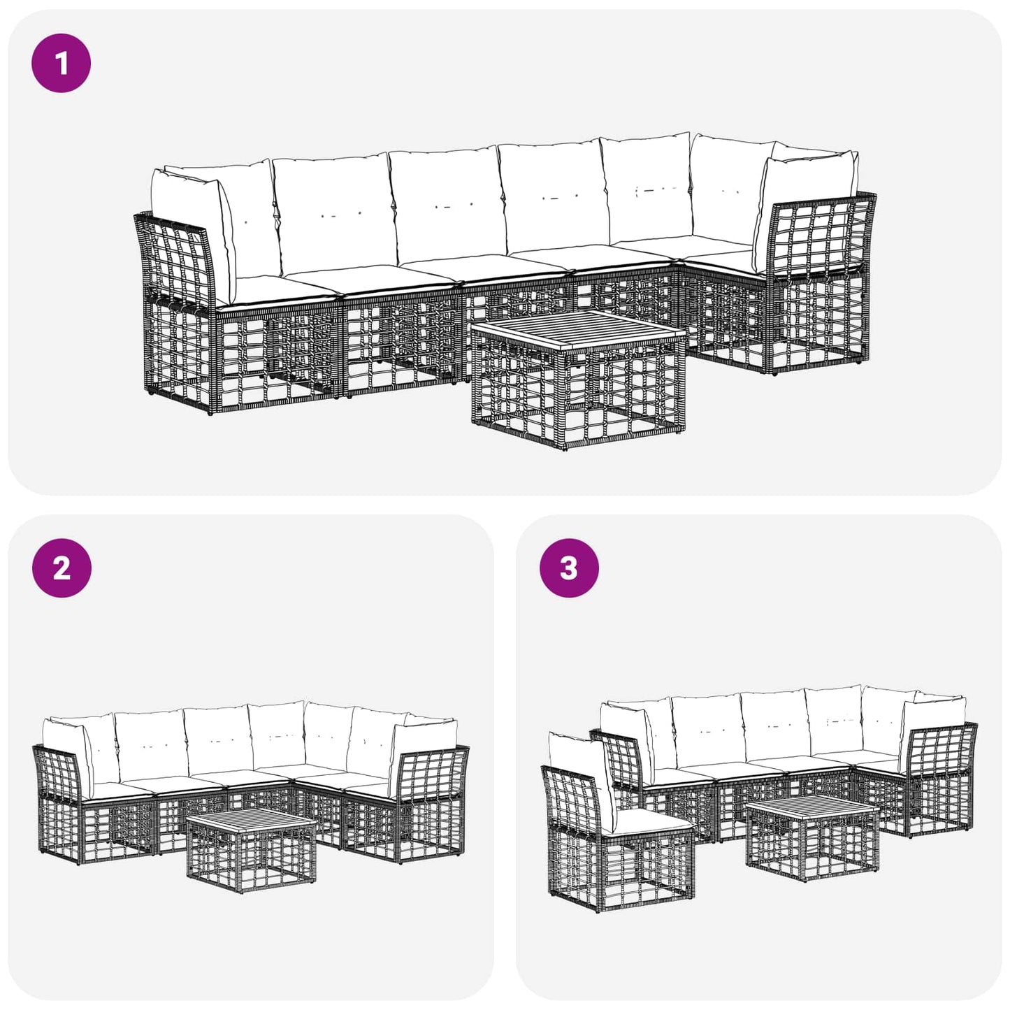 Kerti Kanapé Szett 7 pcs Fekete és Sötétszürke polirattan