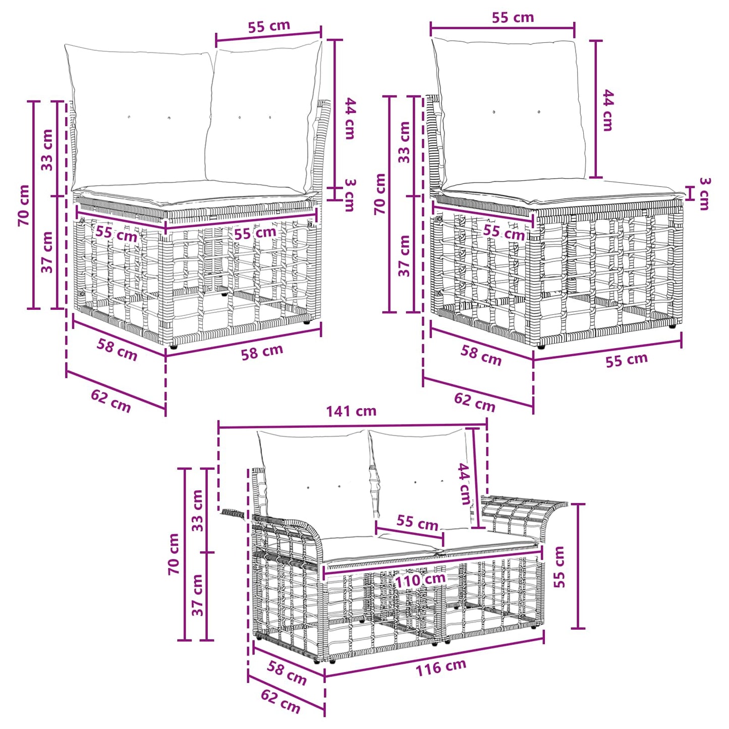 Kültéri kanapé szett 10 db Fekete és Sötétszürke Poliészter