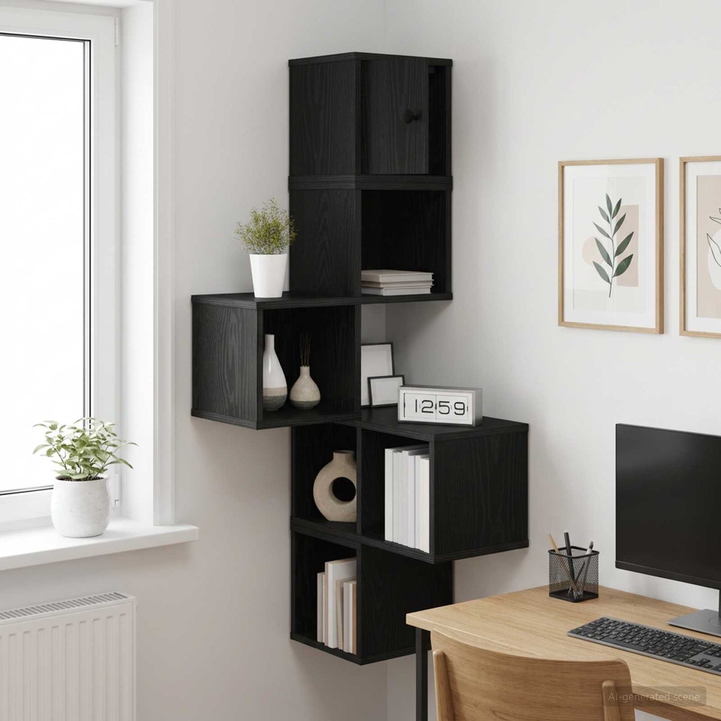 Fali Sarok Polc Fekete Tölgy 48 x 48 x 120 cm Szerelt Fa