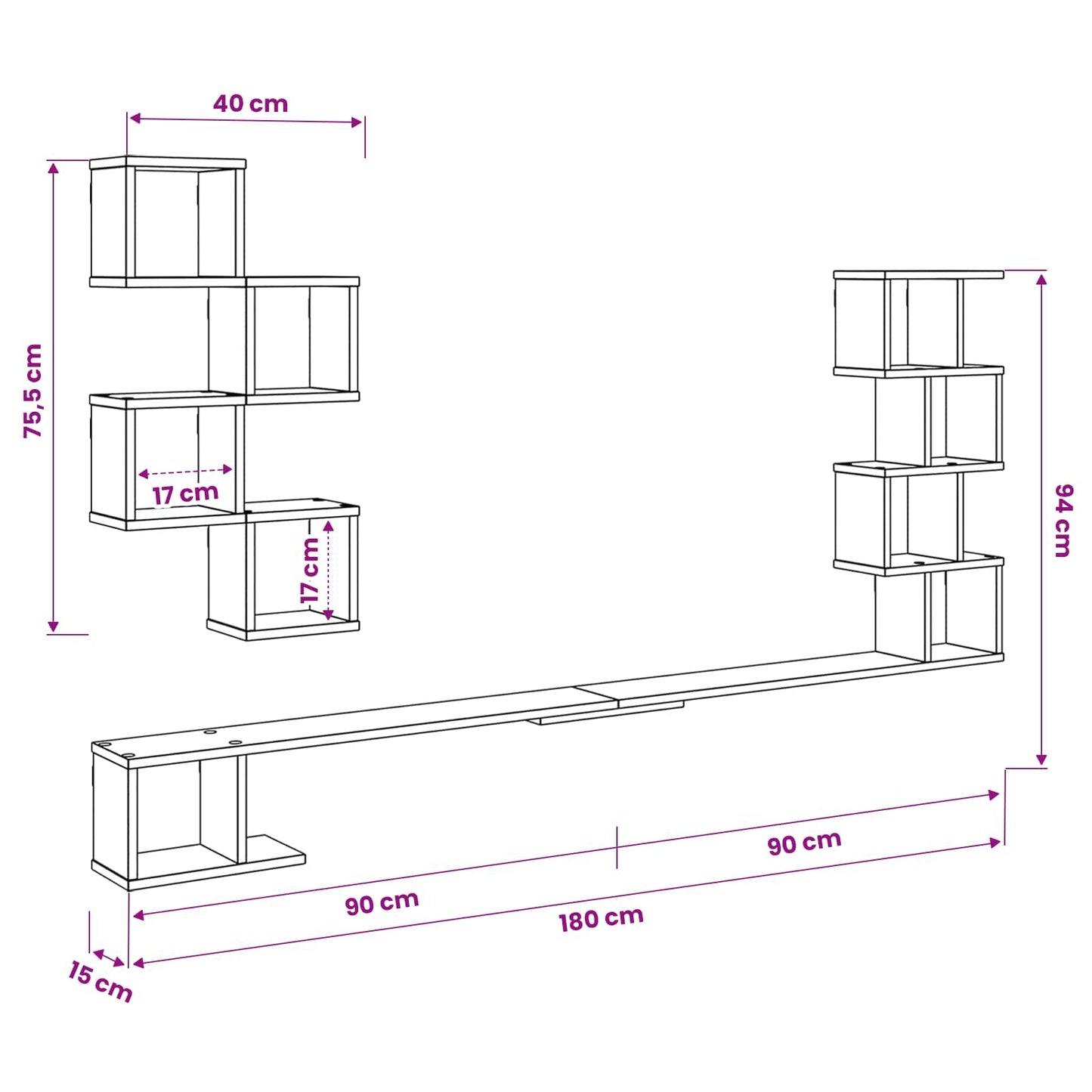 Fali TV polc Sonoma Tölgy 180 x 15 x 94 cm Szerelt Fa