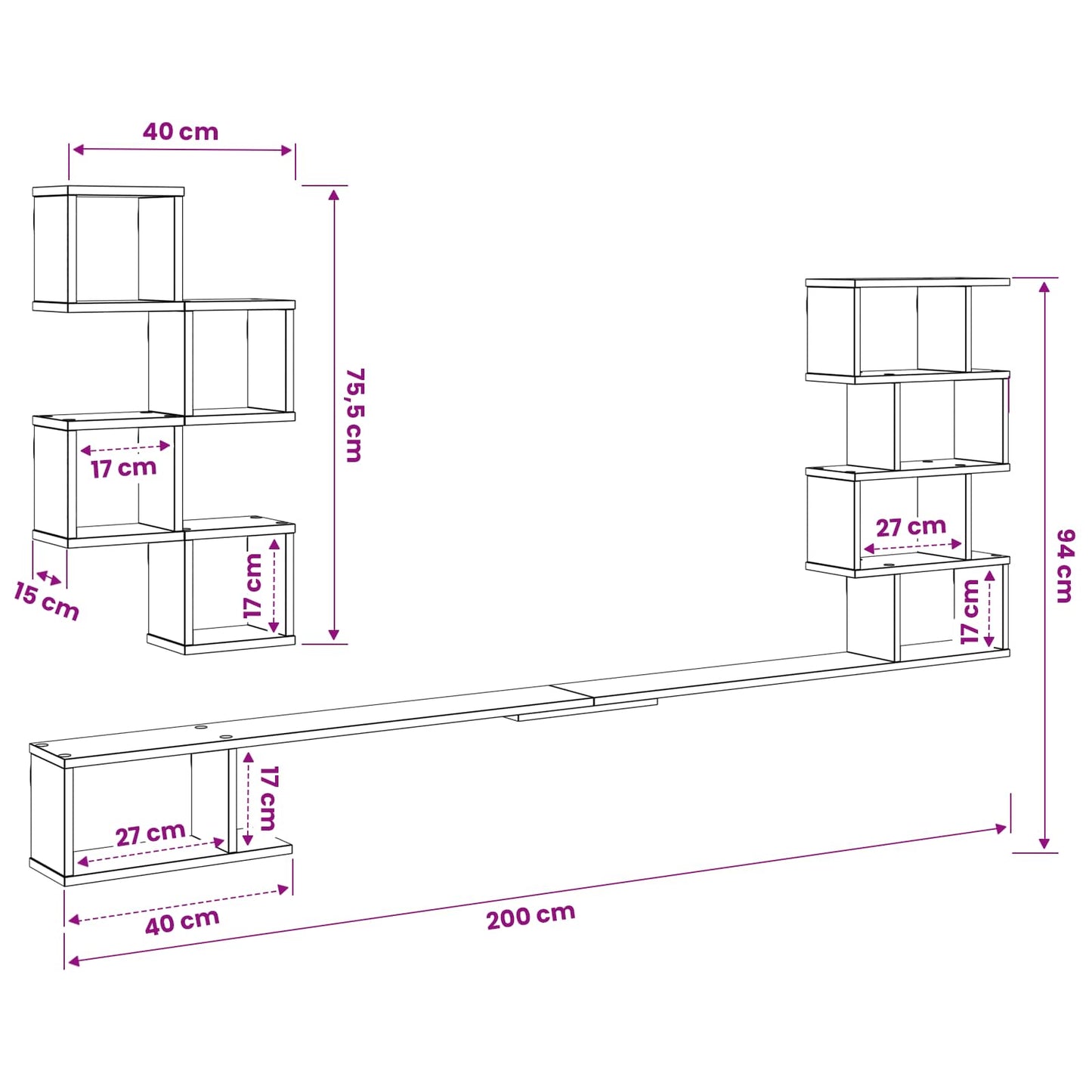 Fali TV polc Fehér 200 x 15 x 94 cm Szerelt Fa