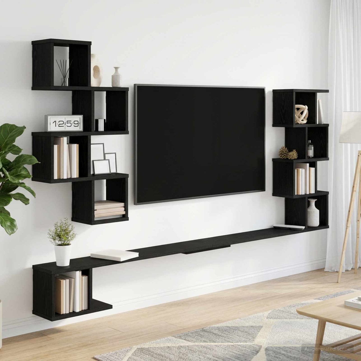 Fali TV polc Fekete Tölgy 200 x 15 x 94 cm Szerelt Fa