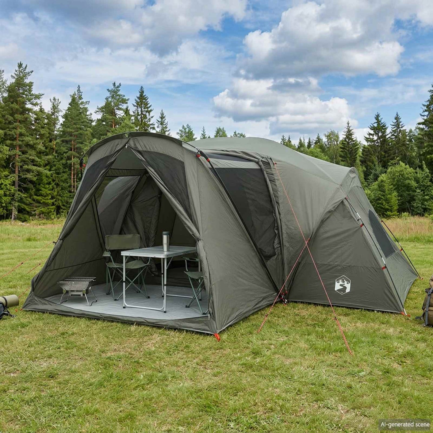 Házsátor esővédővel, vízálló 10 személyes Katonai zöld