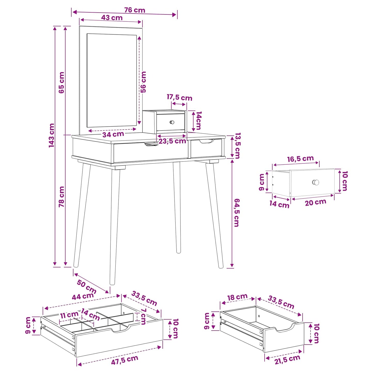 Sminkasztal Készlet FAUSKE 3 pcs Fehér 76 x 50 x 143 cm