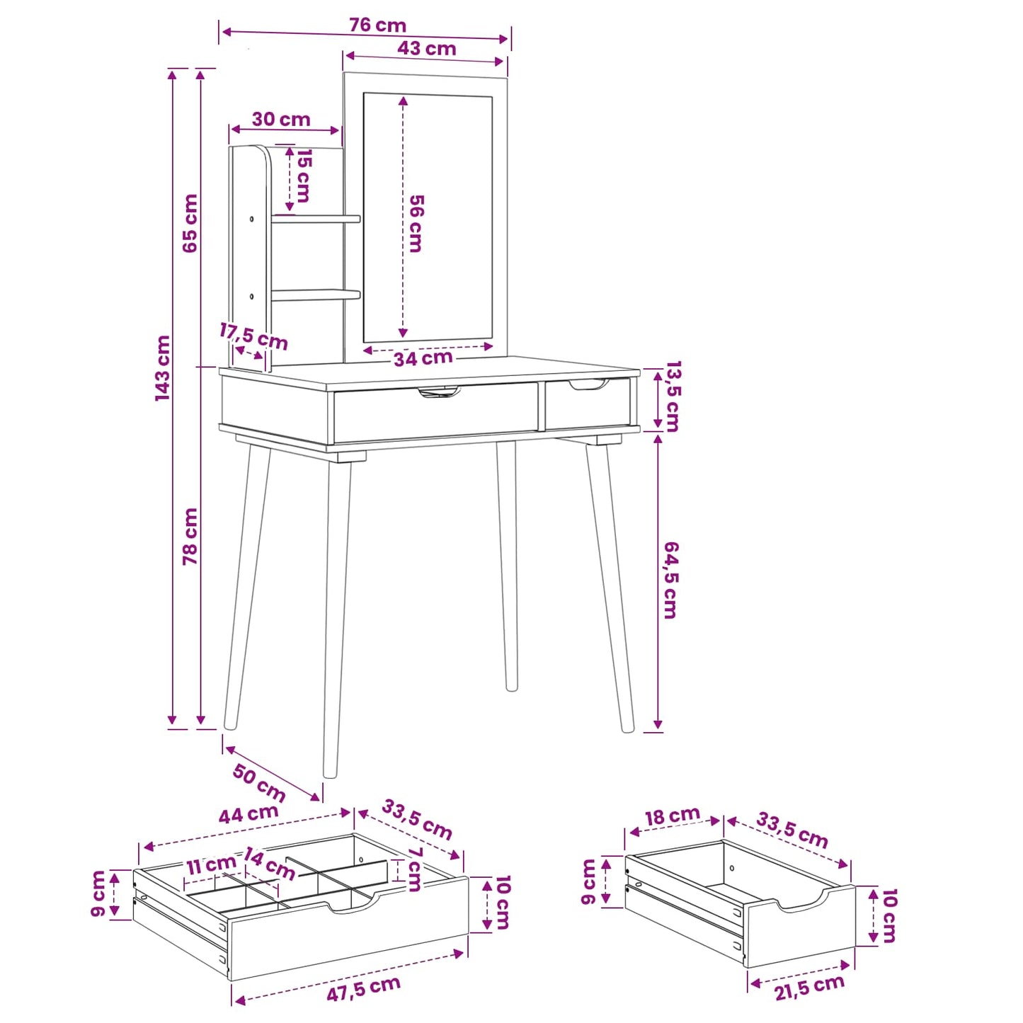 Sminkasztal Készlet FAUSKE 3 pcs Fehér 76 x 50 x 143 cm