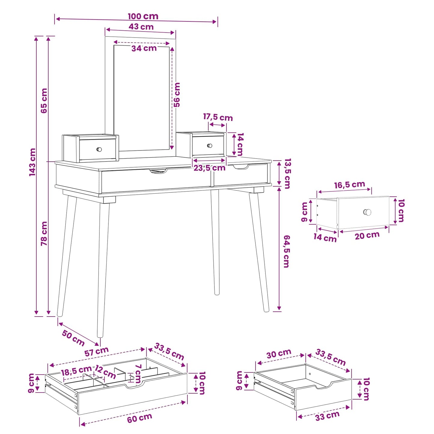 Sminkasztal Készlet FAUSKE 4 pcs Fehér 100 x 50 x 143 cm