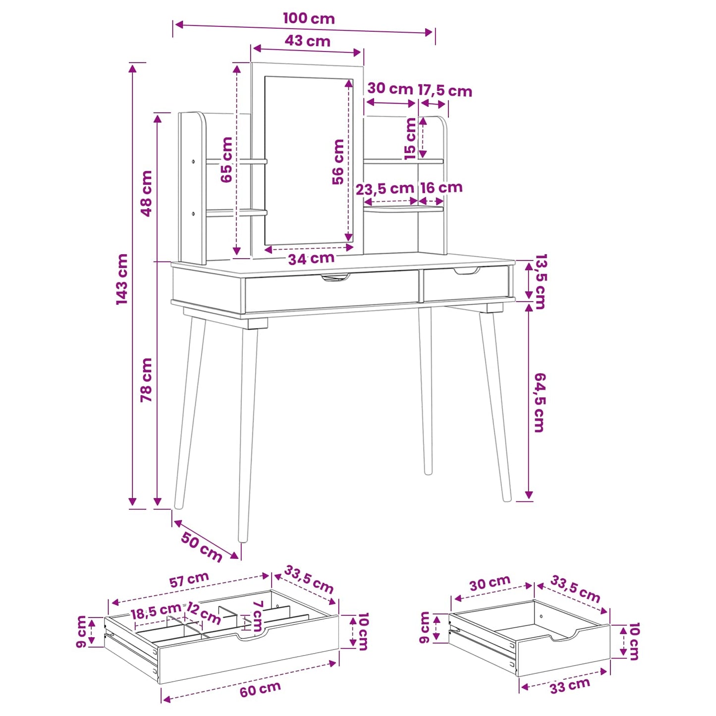 Sminkasztal Készlet FAUSKE 4 pcs Fehér 100 x 50 x 143 cm