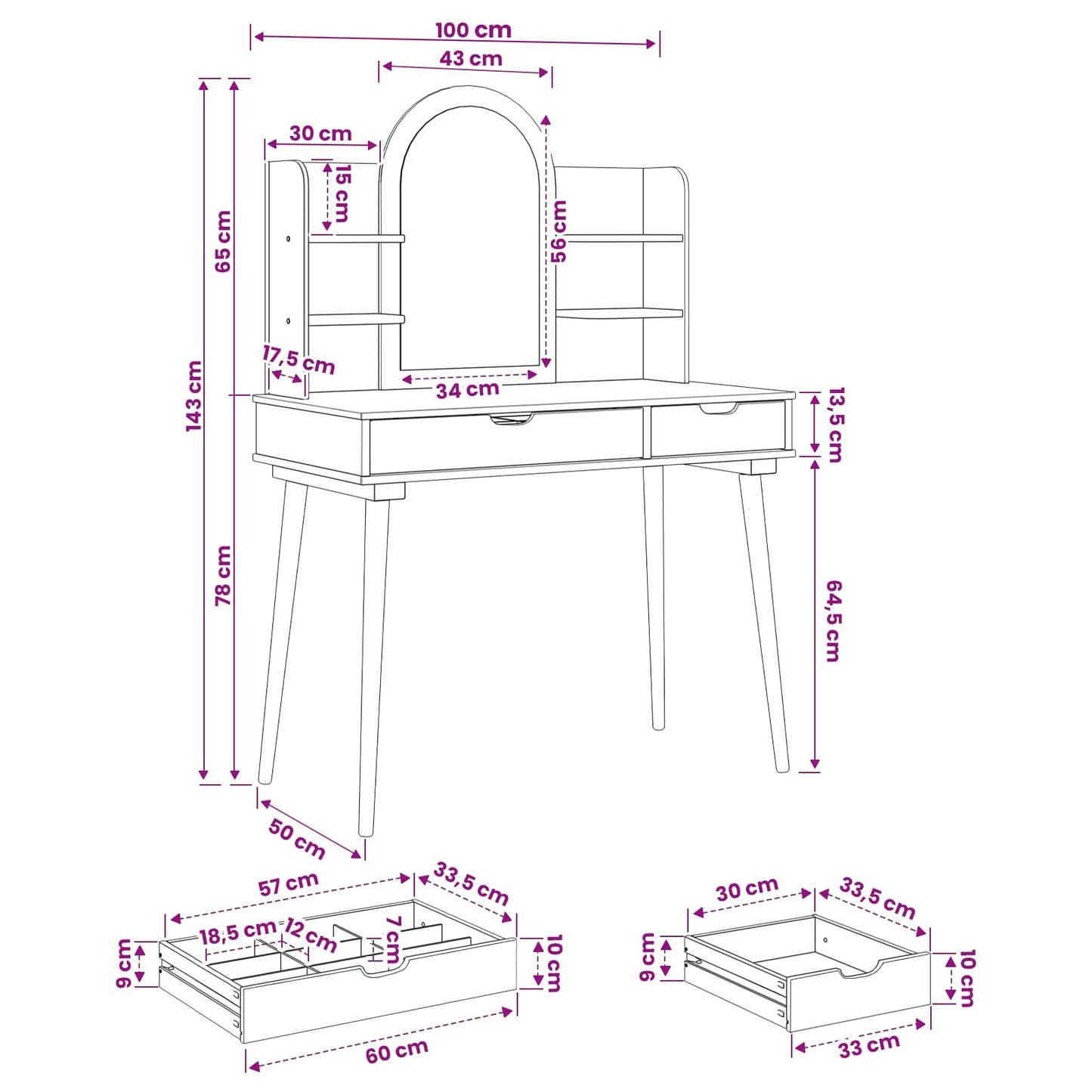 Sminkasztal Készlet FAUSKE 4 pcs Fehér 100 x 50 x 143 cm