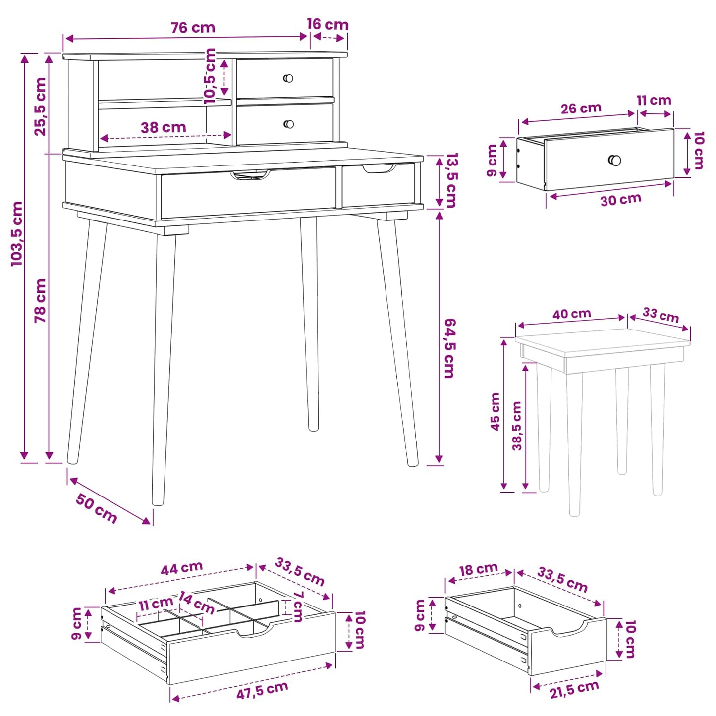 Sminkasztal Készlet FAUSKE 3 pcs Fehér 76 x 50 x 103,5 cm