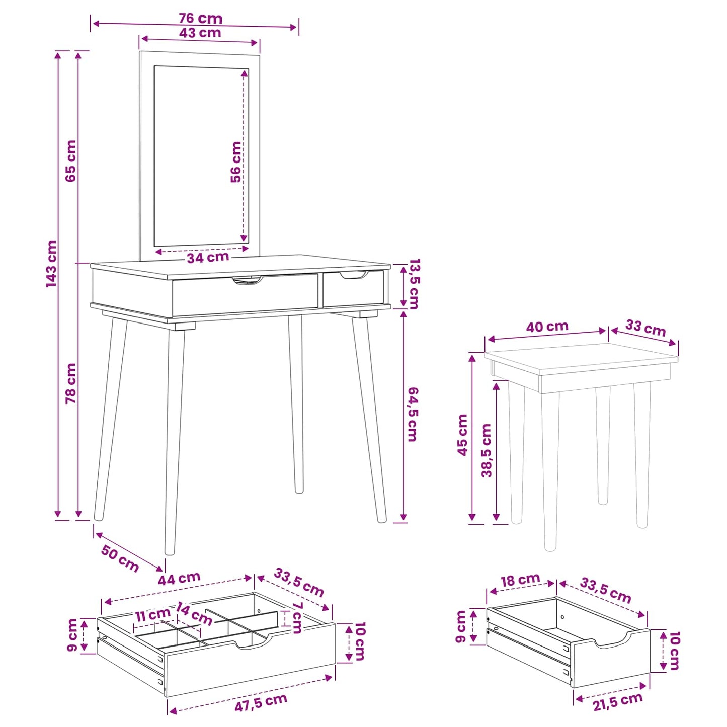 Sminkasztal Készlet FAUSKE 3 pcs Fehér 76 x 50 x 143 cm