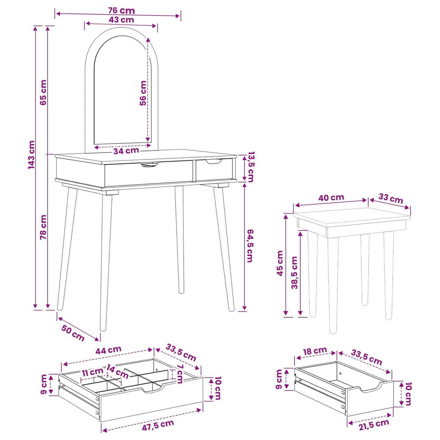 Sminkasztal Készlet FAUSKE 3 pcs Fehér 76 x 50 x 143 cm