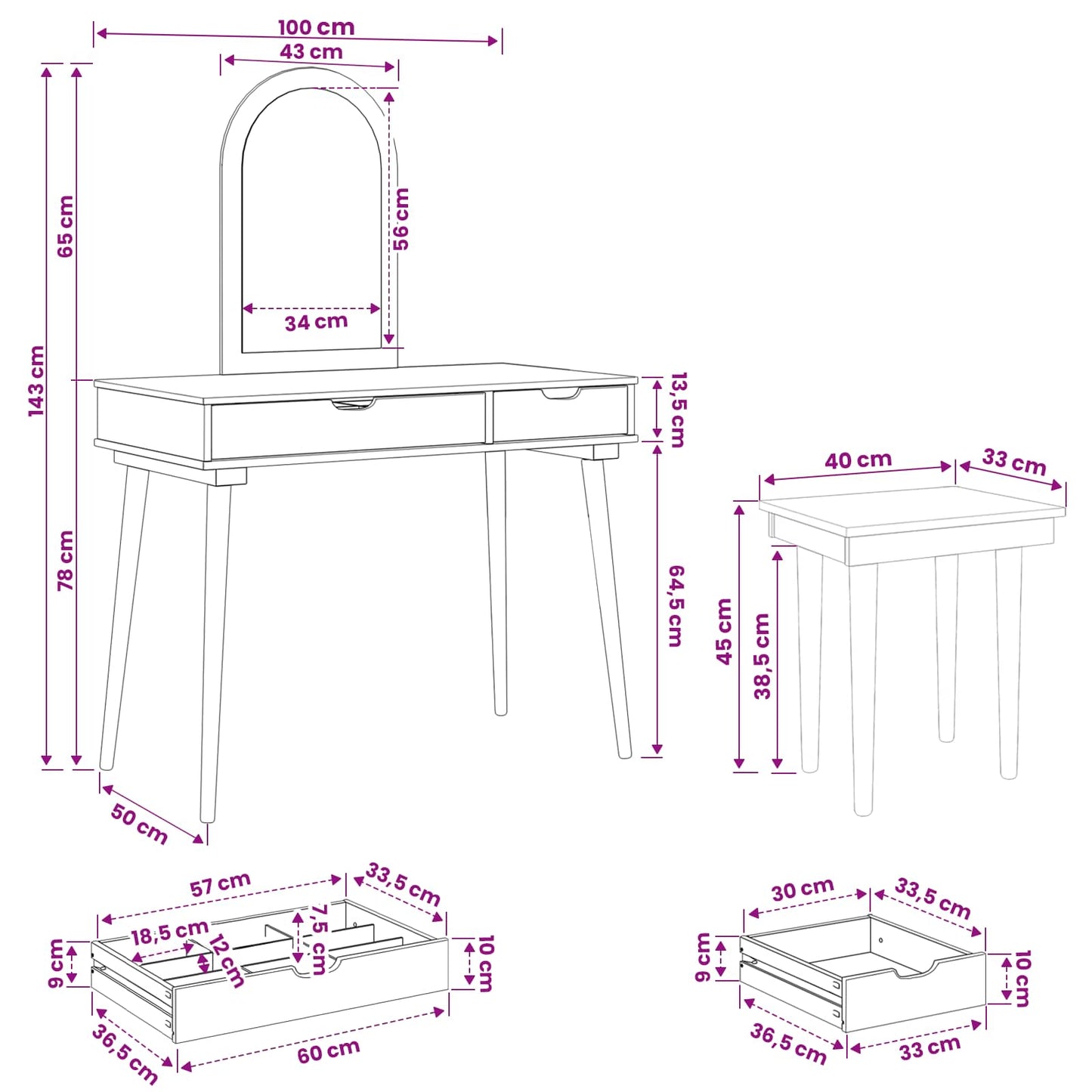 Sminkasztal Készlet FAUSKE 3 pcs Fehér 100 x 50 x 143 cm