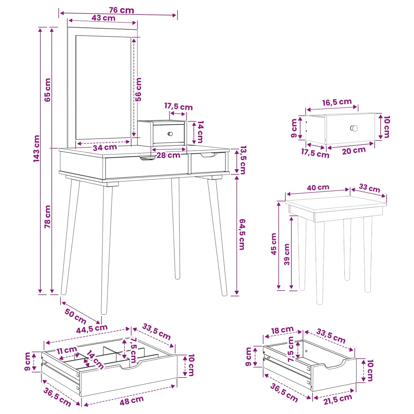 Sminkasztal Készlet FAUSKE 4 pcs Fehér 76 x 50 x 143 cm