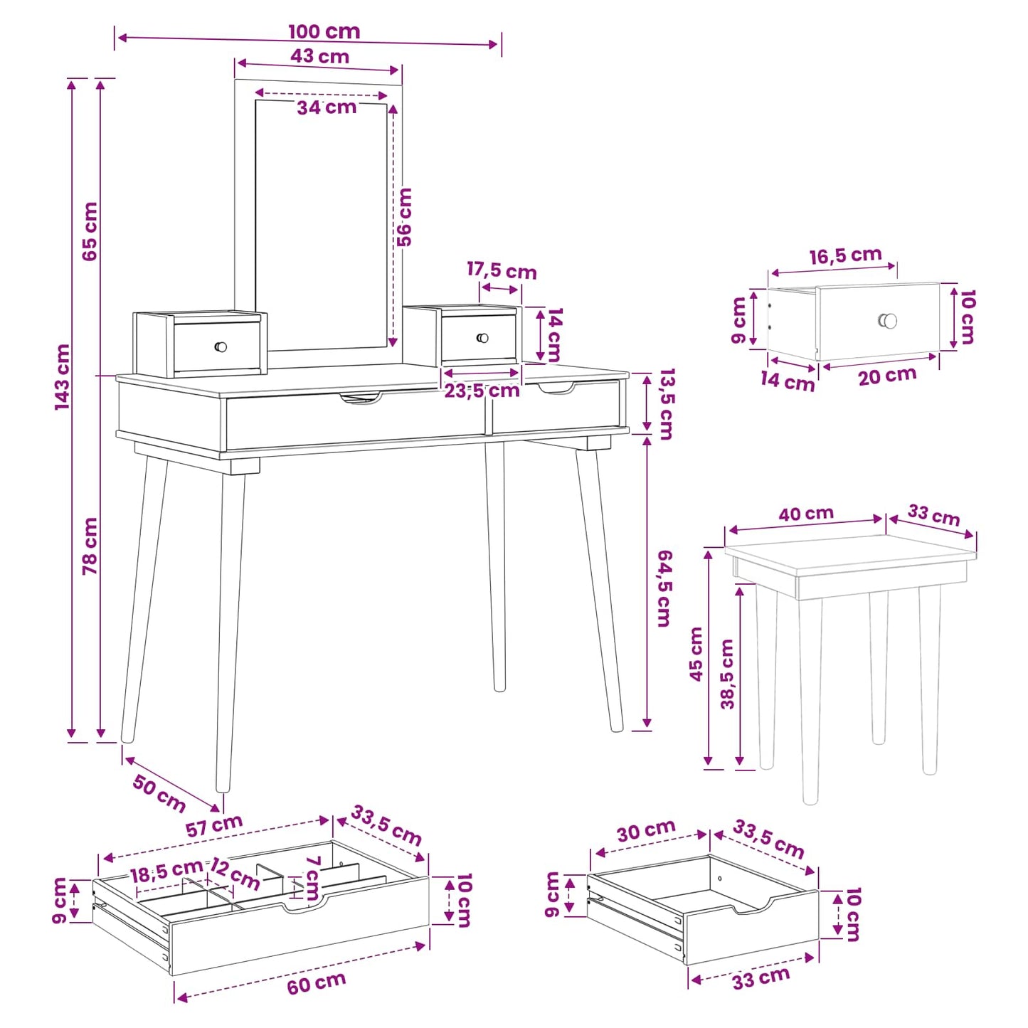 Sminkasztal Készlet FAUSKE 5 pcs Fehér 100 x 50 x 143 cm