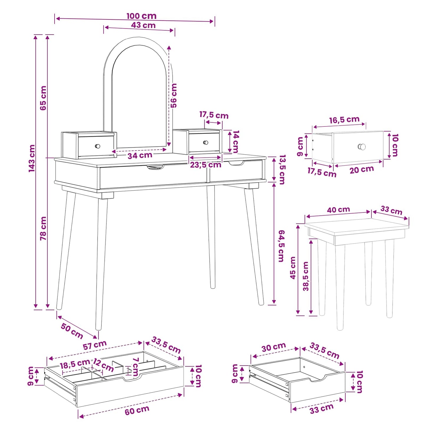 Sminkasztal Készlet FAUSKE 5 pcs Fehér 100 x 50 x 143 cm