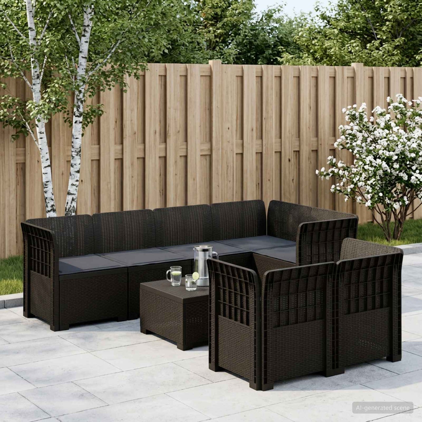 7-Fős Kerti Kanapé Párnákkal Rattan Kinézettel PP