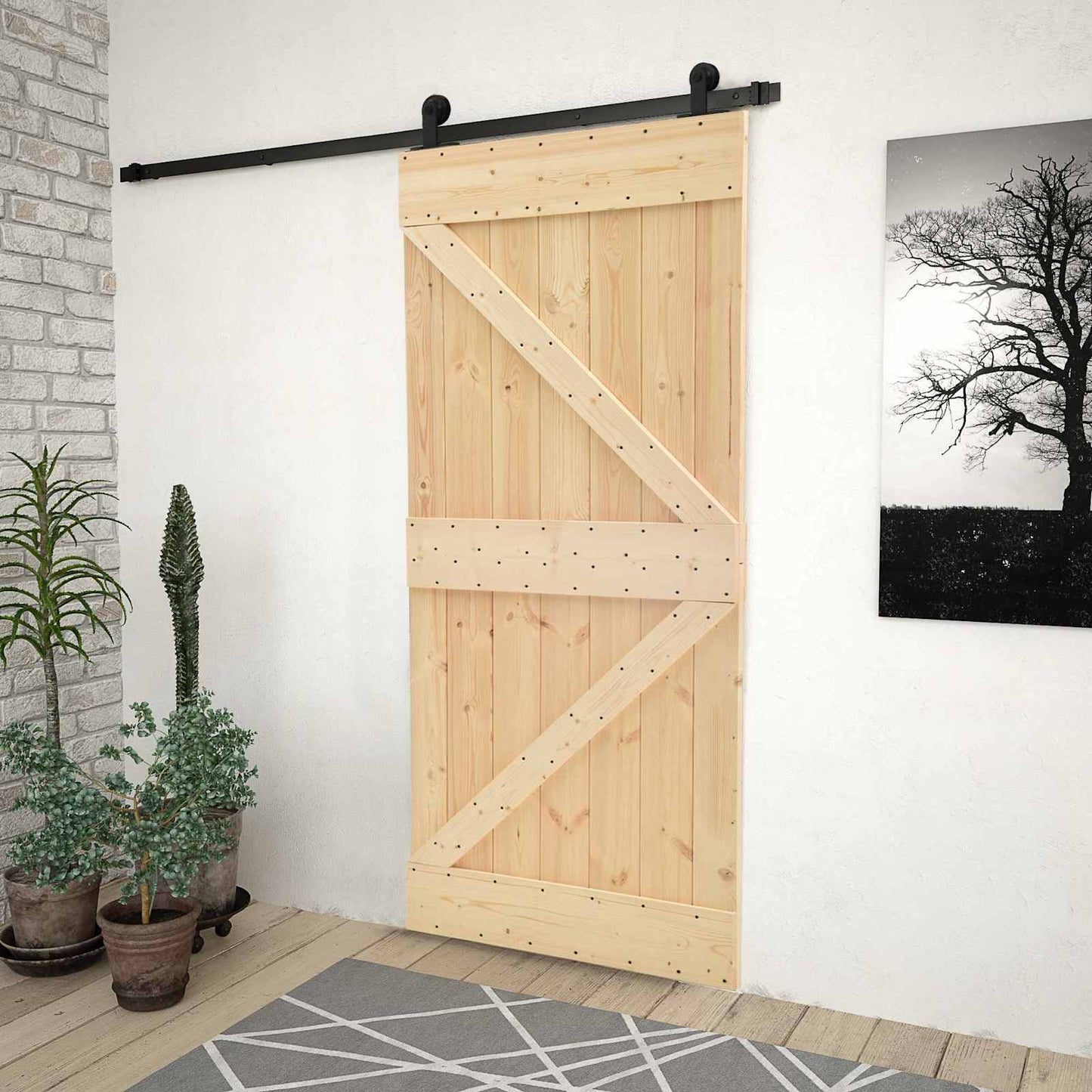 Csúszó ajtó Természetes és Fekete 80 x 210 cm Tömör Fenyőfa