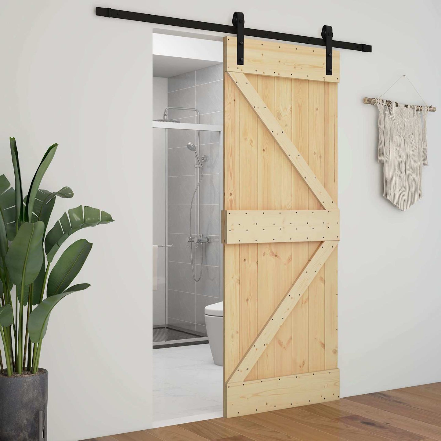 Csúszó ajtó Természetes és Fekete 80 x 210 cm Tömör Fenyőfa