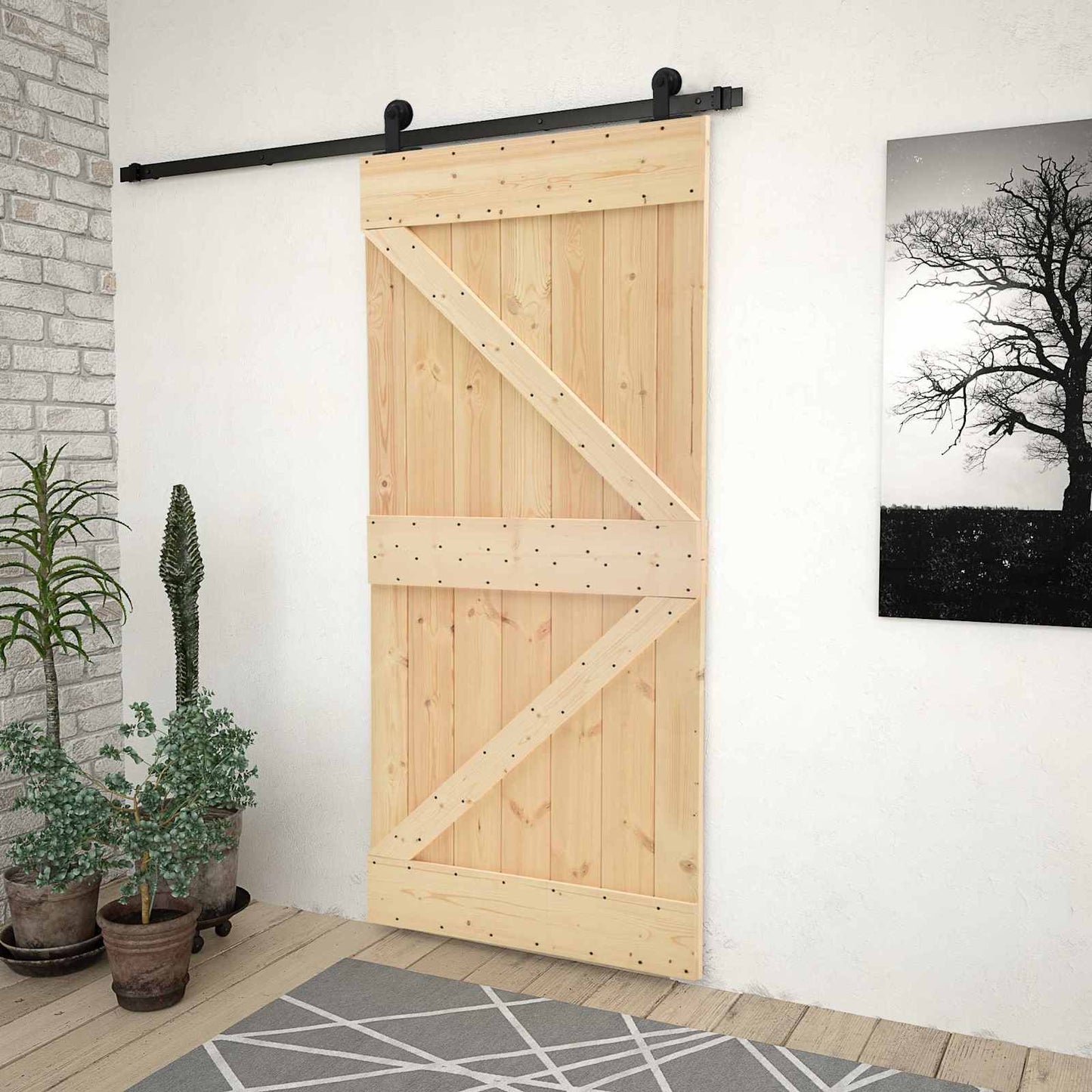 Csúszó ajtó Természetes és Fekete 90 x 210 cm Tömör Fenyőfa