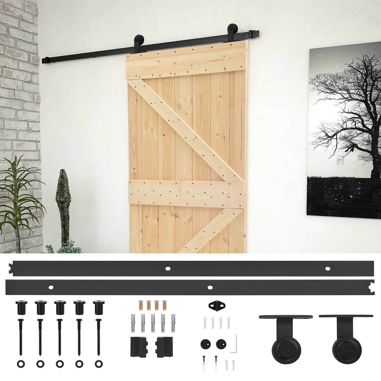 Csúszó ajtó Természetes és Fekete 90 x 210 cm Tömör Fenyőfa