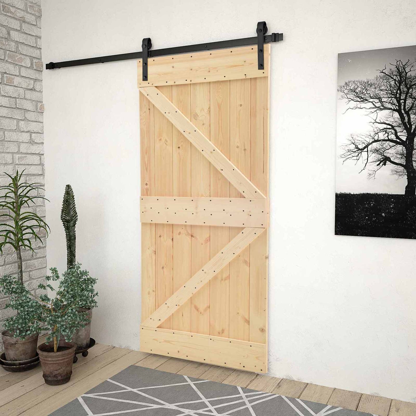 Csúszó ajtó Természetes és Fekete 90 x 210 cm Tömör Fenyőfa