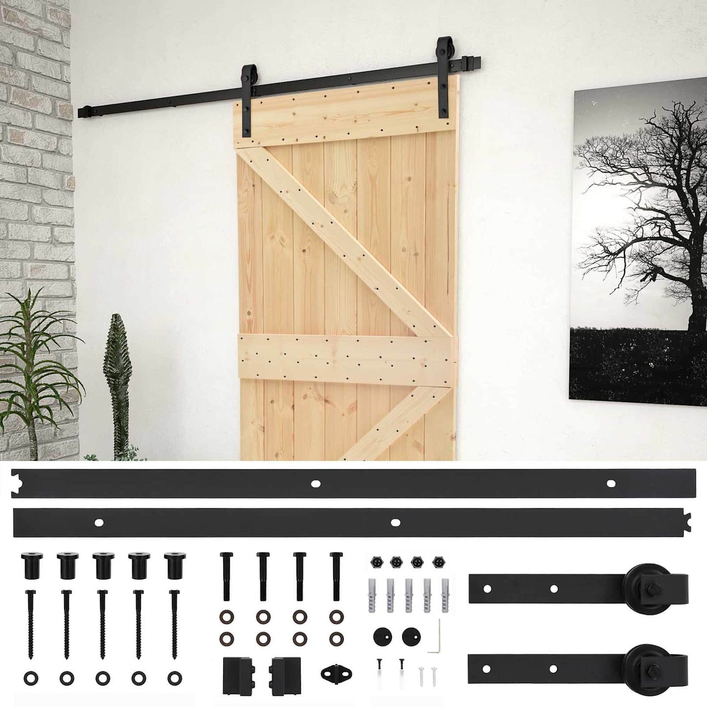 Csúszó ajtó Természetes és Fekete 90 x 210 cm Tömör Fenyőfa