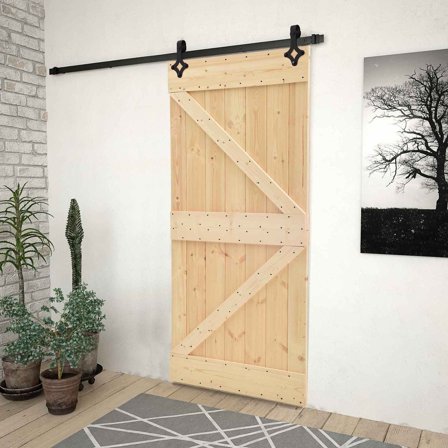 Csúszó ajtó 100 x 210 cm Tömör Fenyőfa Természetes és Fekete