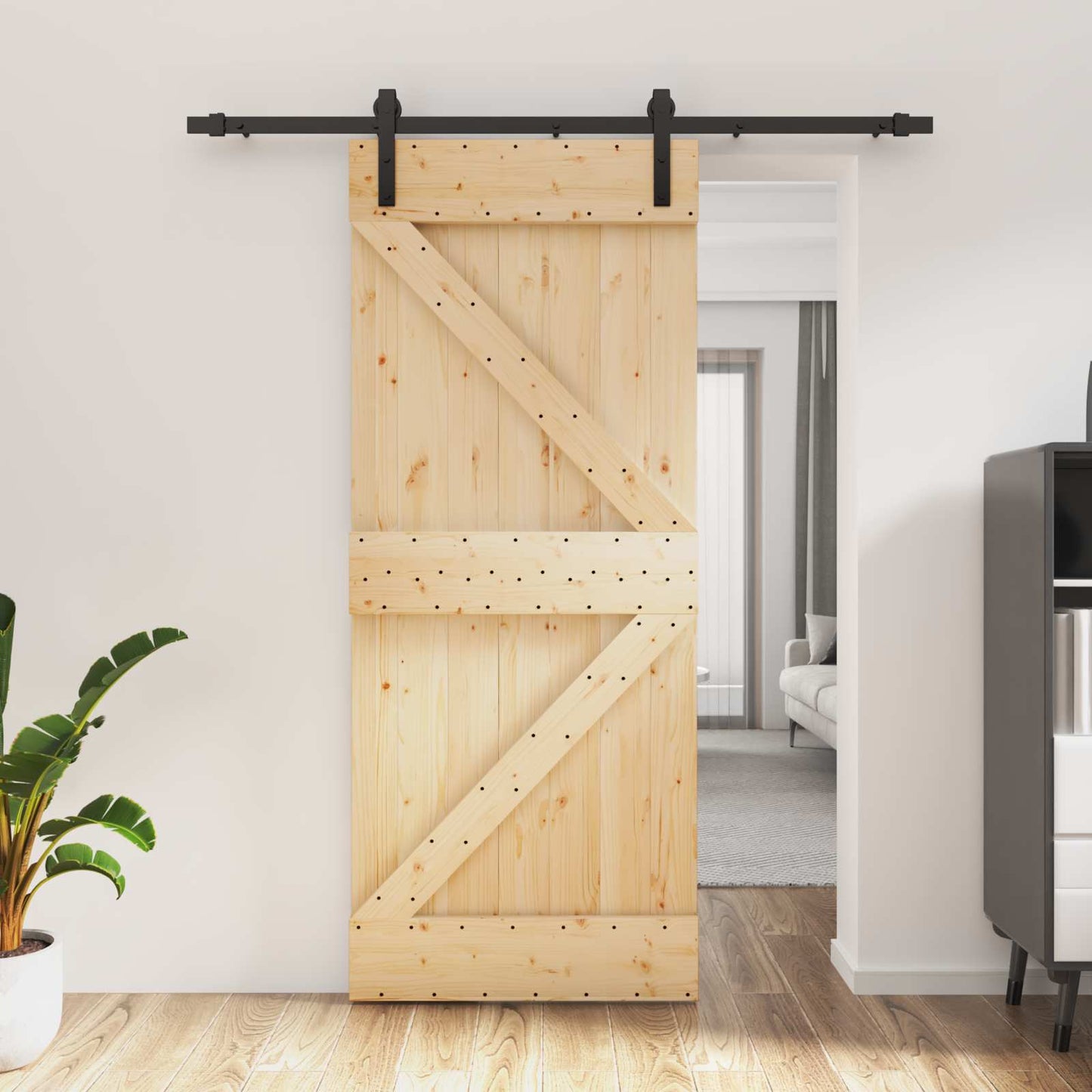 Csúszó ajtó Természetes és Fekete 85 x 210 cm Szilárd Fenyőfa