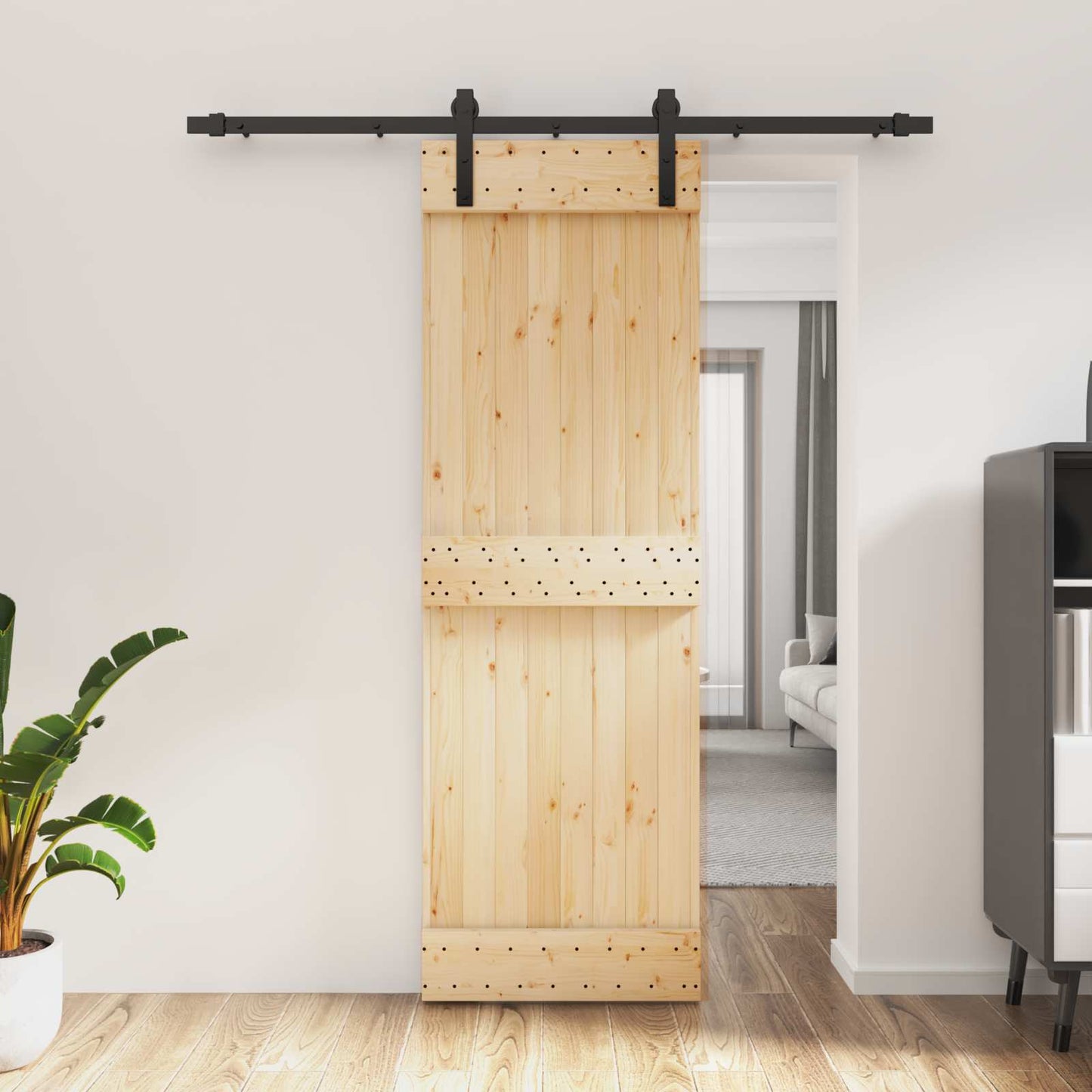 Csúszó ajtó Természetes és Fekete 70 x 210 cm Szilárd Fenyőfa