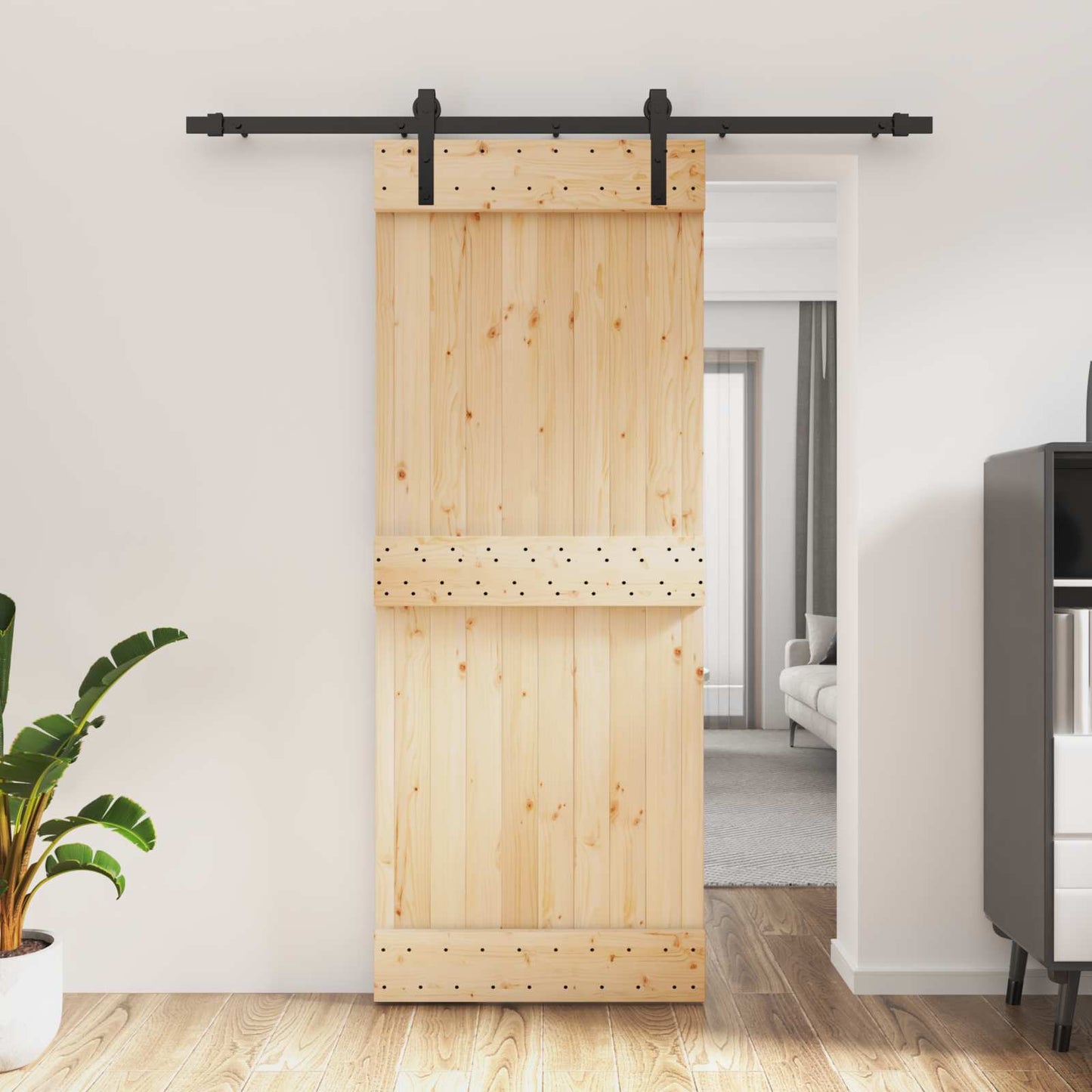 Csúszó ajtó Természetes és Fekete 80 x 210 cm Szilárd Fenyőfa