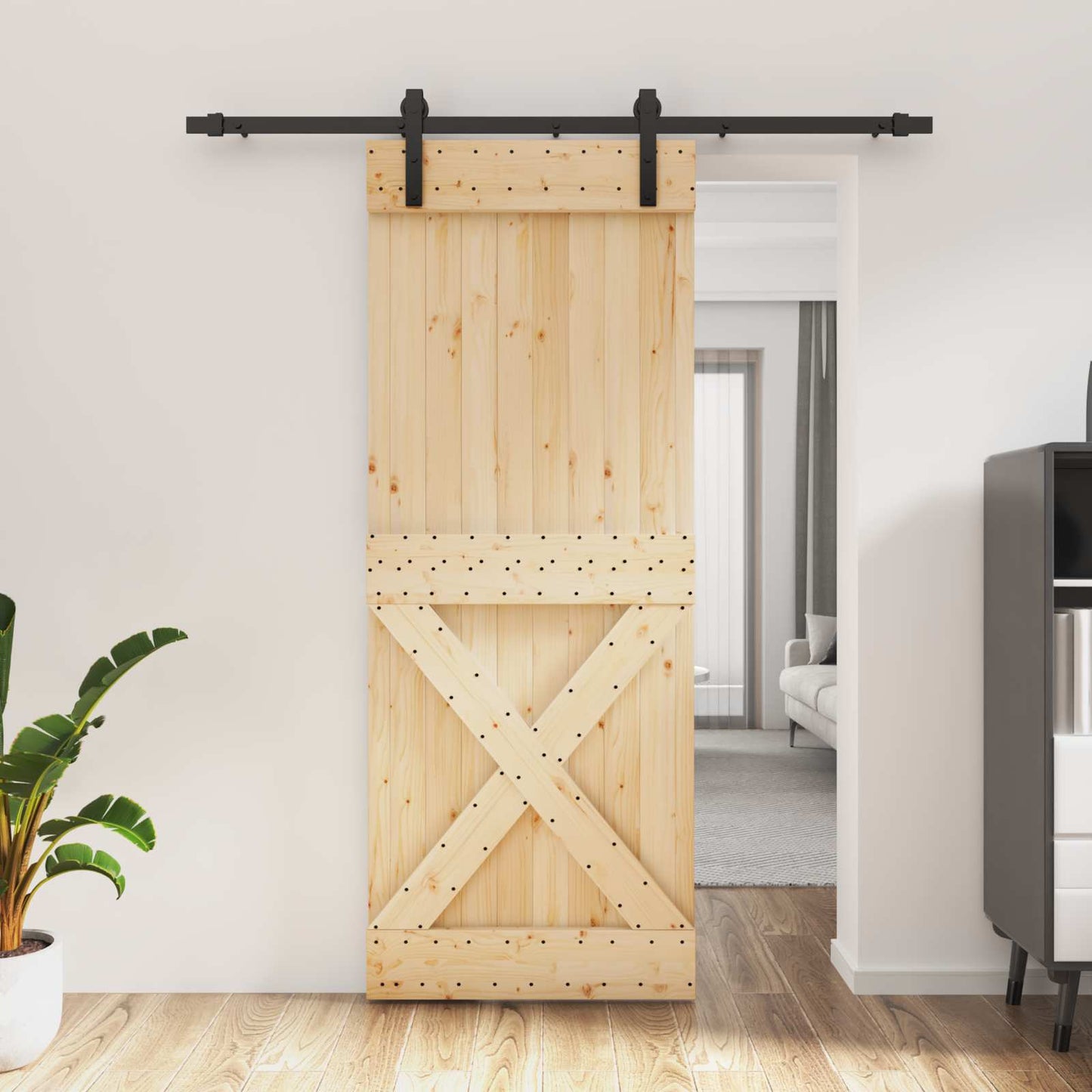 Csúszó ajtó Természetes és Fekete 80 x 210 cm Szilárd Fenyőfa