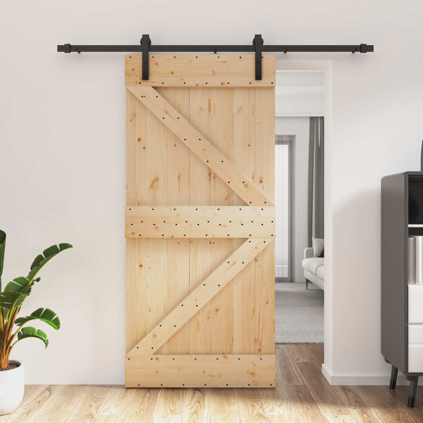 Csúszó ajtó Természetes és Fekete 95 x 210 cm Szilárd Fenyőfa
