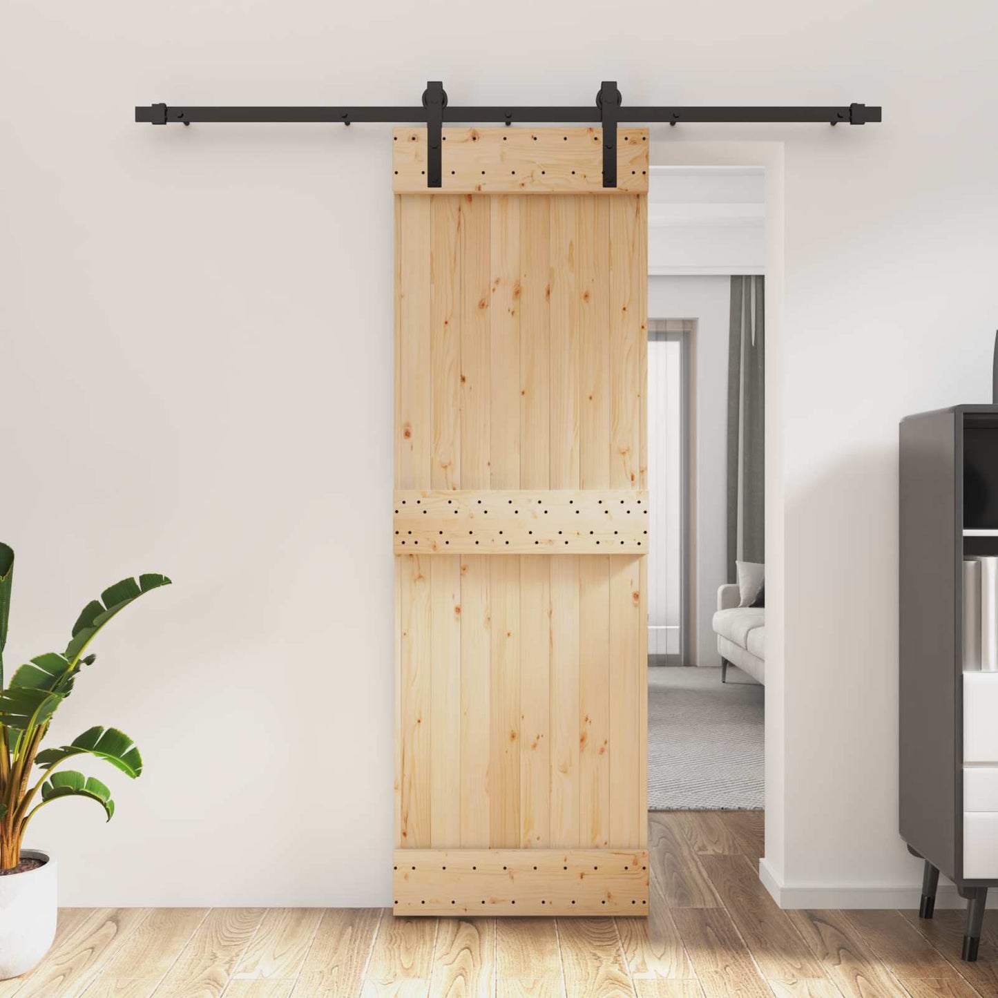 Csúszó ajtó Természetes és Fekete 70 x 210 cm Szilárd Fenyőfa