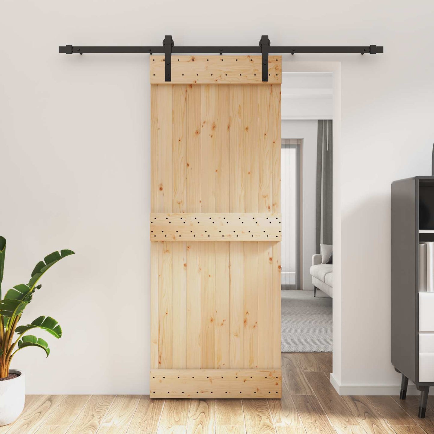 Csúszó ajtó Természetes és Fekete 80 x 210 cm Szilárd Fenyőfa